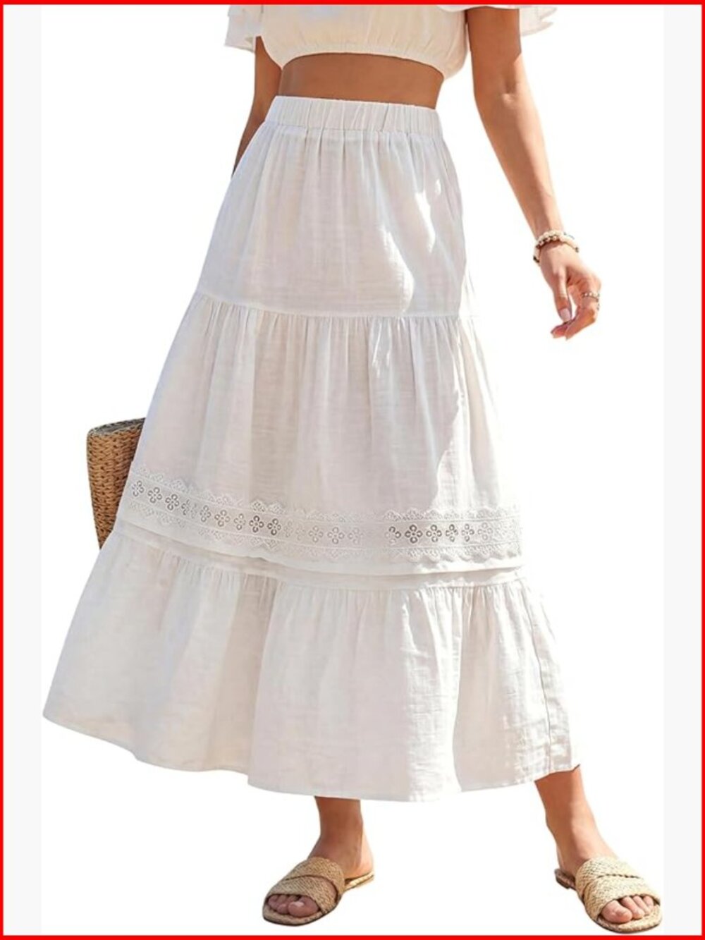 Maxi Skirt High Waist Tiered Flowy Boho Casual with Pockets - Picture 1 of 7